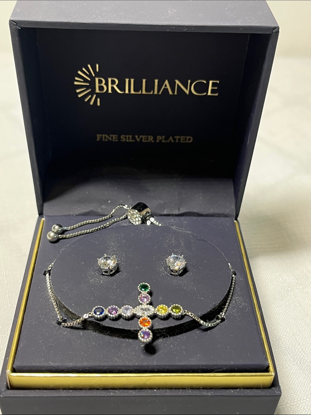 New Brilliance Silver-Plated Multicolor Cross Necklace and Stud Earrings